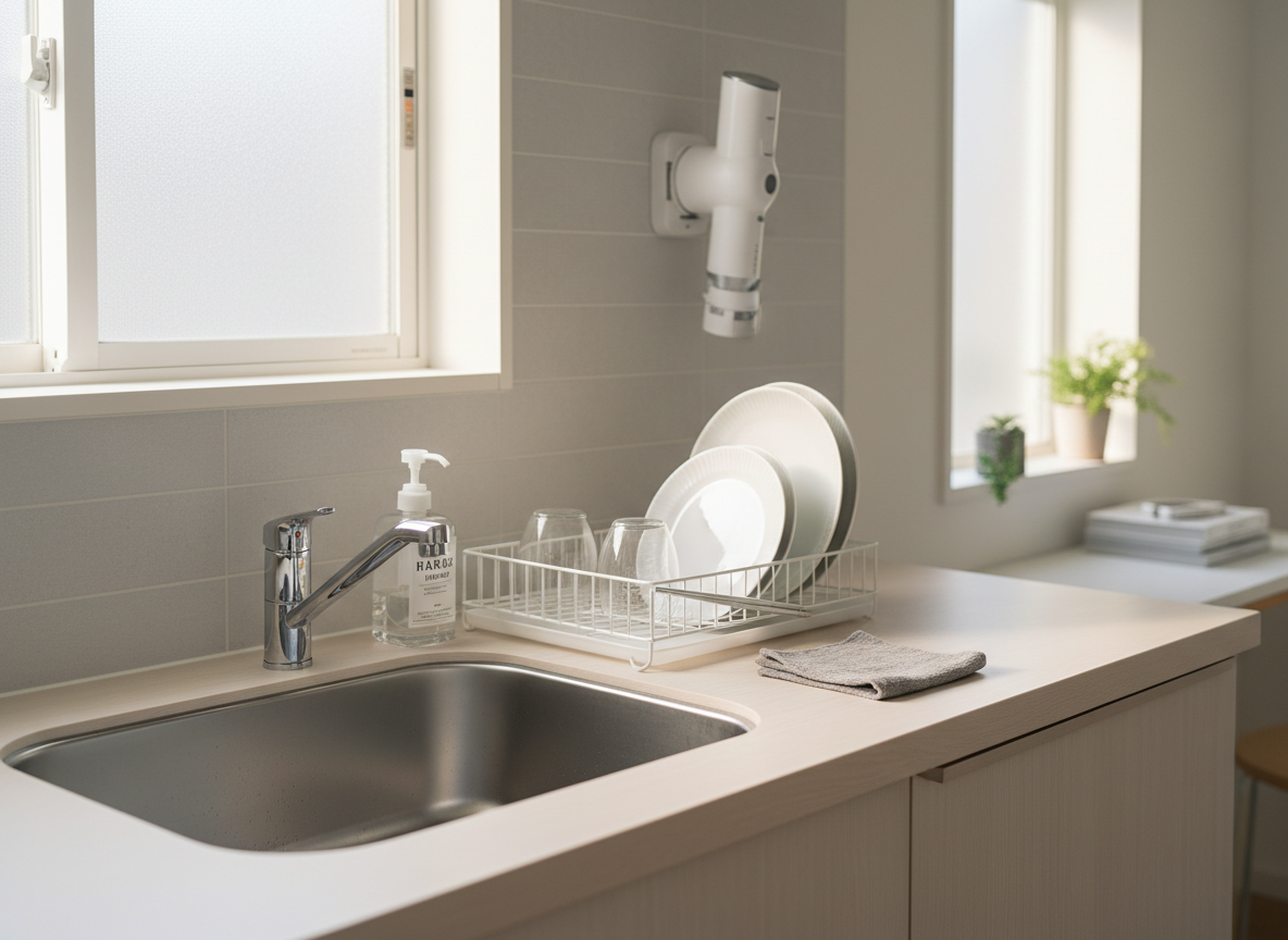 A bright, orderly modern kitchen countertop in a compact Japanese apartment, featuring a single stainless steel sink, a slim white dish rack with only a few neatly arranged plates and glasses, and a cordless handheld vacuum docked on the wall. The counter is pale wood, completely uncluttered except for a labeled clear soap dispenser and a microfiber cloth folded with precision. Soft morning sunlight filters through a frosted window, creating gentle reflections on the steel and subtle shadows along the backsplash. Photographed at eye level with a slight angle, using shallow depth of field to blur the minimal, tidy background. The atmosphere is calm, efficient, and professional, embodying minimalist, time-saving housework in clean photographic realism.