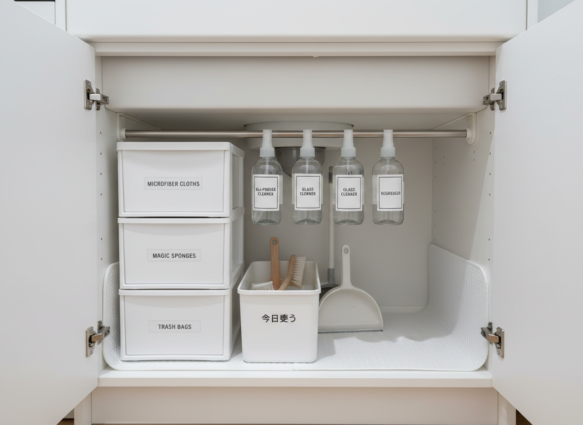 A meticulously organized under-sink storage space, doors open to reveal a minimalist system for fast daily cleaning. White stackable drawers contain clearly labeled microfiber cloths, magic sponges, and trash bags, while a tension rod holds spray bottles with uniform, simple labels. A narrow caddy for “今日使う” cleaning tools sits front and center for quick access. The cabinet interior is bright, lined with waterproof white mats for a fresh, clean look. Soft artificial overhead lighting provides even illumination with minimal shadows, emphasizing order and clarity. Captured straight-on at eye level with sharp focus throughout, the composition feels clinical yet warm, showcasing a professional, efficient housework setup in realistic, modern photographic style.