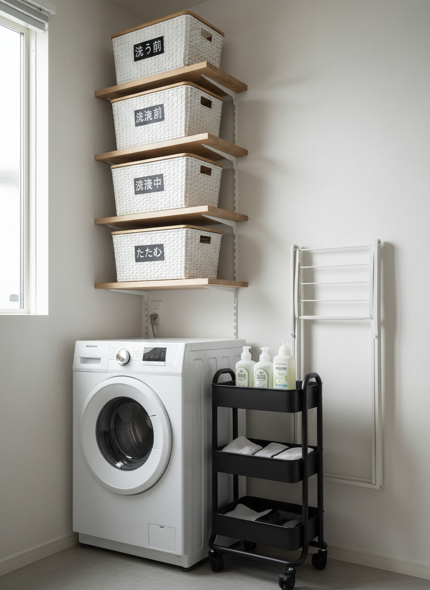A streamlined laundry corner optimized for busy families, with a compact white front-loading washing machine beneath floating birch shelves holding three identical labeled baskets: “洗う前”, “洗濯中”, “たたむ”. A slim, foldable drying rack leans flat against a white wall, and a narrow rolling cart stores neatly aligned detergent bottles and mesh laundry bags. Soft, diffused daylight enters from the left, casting gentle, organized shadows that emphasize clean lines. Shot from a slightly elevated angle to show the full system at a glance, the composition follows the rule of thirds with sharp focus throughout. The mood is efficient yet relaxed, showcasing professional, minimalist time-saving laundry organization in realistic, modern photography.