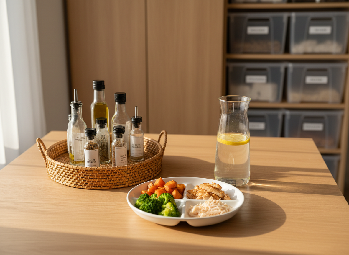 A small family dining table staged for effortless everyday meals, featuring a light oak surface with only three items: a simple white divided meal plate with colorful yet neatly arranged food, a clear water carafe with infused lemon slices, and a woven tray holding pre-sorted condiment bottles. In the background, a tall, closed pantry cabinet with labeled clear bins is softly blurred. Late afternoon natural light streams in from a nearby window, creating warm highlights on the glass and gentle shadows under the tray. Photographed from a slightly overhead angle to emphasize practicality and layout, with a clean, minimalist aesthetic and photographic realism. The mood is calm, reassuring, and subtly luxurious, ideal for time-saving mealtime routines for families.